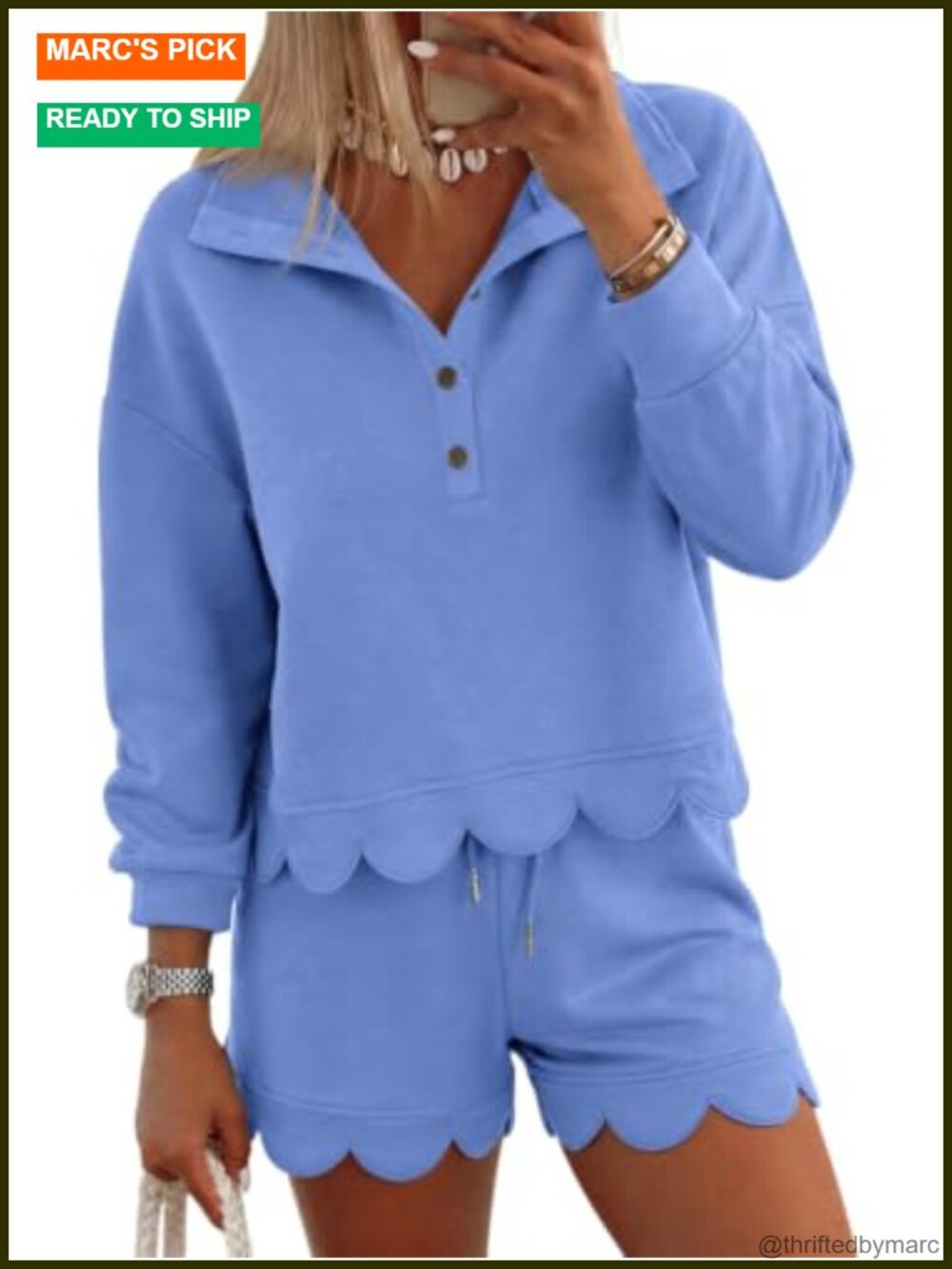 Women's 2 Piece Lounge Set Long Sleeve Sweatshirt Wide Leg Shorts Quarter Button